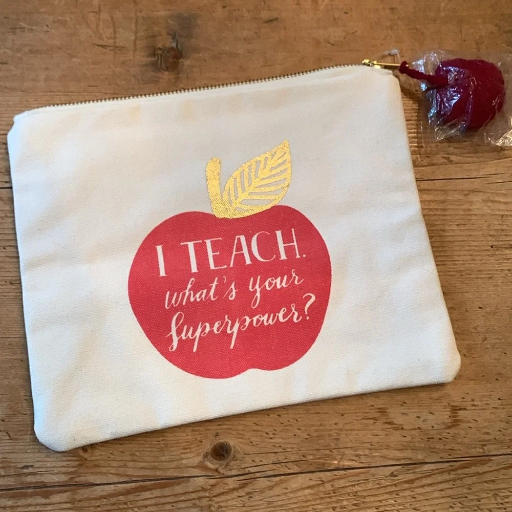NWOT Teacher Gift !! Cotton stash bag with apple print and apple Pom Pom fob